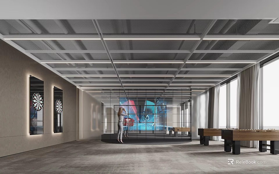 Modern Clubhouse Interior With Glass Partitions Decorative Paintings Standing Person And Long Tables 3d model 