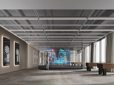 Modern Clubhouse Interior With Glass Partitions Decorative Paintings Standing Person And Long Tables 3d model