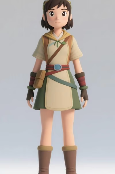 Cartoon Game Character Wearing Beige Top Green Skirt Blue Belt Brown Pouch And Red Arm Wraps 3d model
