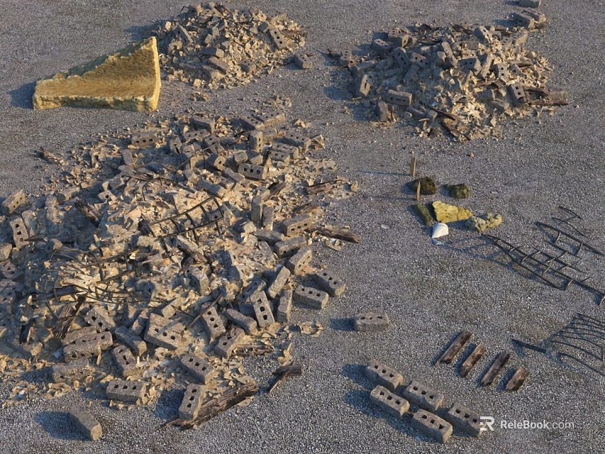 Pile of Rubble and Broken Bricks Scattered on Ground With Debris 3d model 