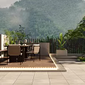 Courtyard Garden With Wooden Deck Outdoor Table Chairs Green Plants And Mountain View