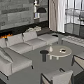 Modern Living Room Interior With Large Sofa Fireplace Area Rug And Floor to Ceiling Windows