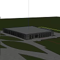 Modern Industrial Warehouse with Gray Exterior Large Glass Windows and People Walking Near Grass Area
