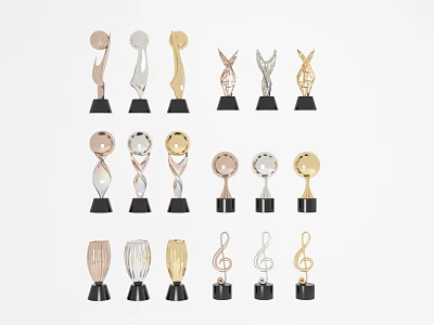 Trophies With Diverse Designs Gold Silver Bronze And Musical Note Styles 3d model