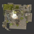 Modern Ancient Ruins Courtyard With Buddha Statue Stone Structures And Green Plants