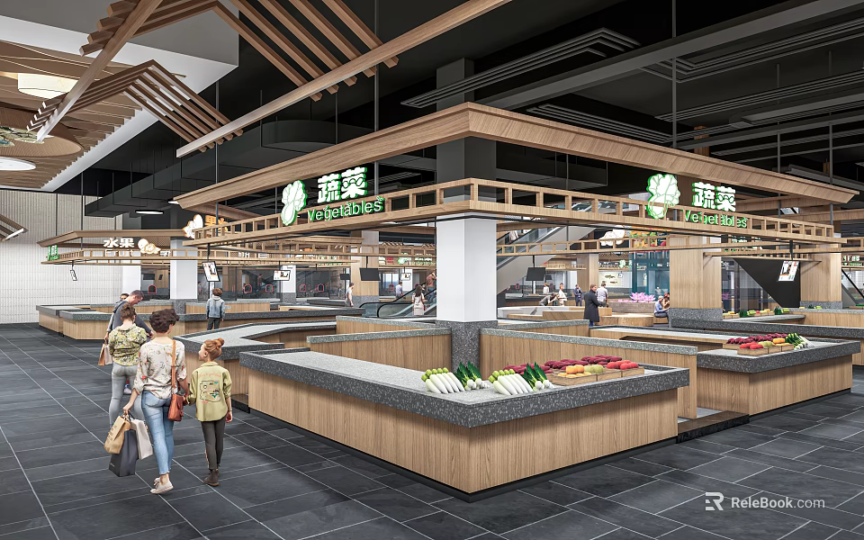 Supermarket Vegetable Section With Shoppers Wooden Stalls And Fresh Produce Display Bright Interior 3d model 