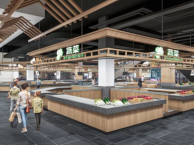 Supermarket Vegetable Section With Shoppers Wooden Stalls And Fresh Produce Display Bright Interior 3d model