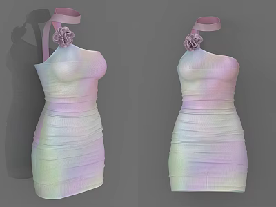 One Shoulder Gradient Color Dress With Ruched Waist And Neck Ribbon Flower 3d model