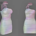 One Shoulder Gradient Color Dress With Ruched Waist And Neck Ribbon Flower