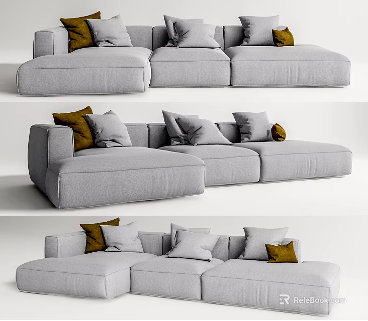 Gray Sectional Sofa with Multiple Gray and Brown Cushions for Modern Living Room 3d model 