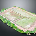 3D Model of Open Field Surrounded by Green Vegetation and Pathways
