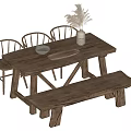 Rustic Wooden Dining Table Set With Chairs Bench Decorative Vase Plate And Tray