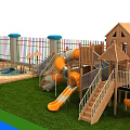 Wooden Playground Equipment With Slides Shelters And Fenced Grass Area