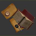 Vintage Open Ancient Book Scene with Feather Quill Inkwell Candle and Stacked Books
