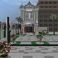 Elegant White Hotel Building Featuring Arched Entrance Decorative Columns Front Garden And Palm Trees