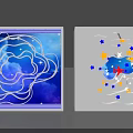 Decorative Art Installation With Blue White Curves Stars Moon Clouds Orange Stars And Red Birds