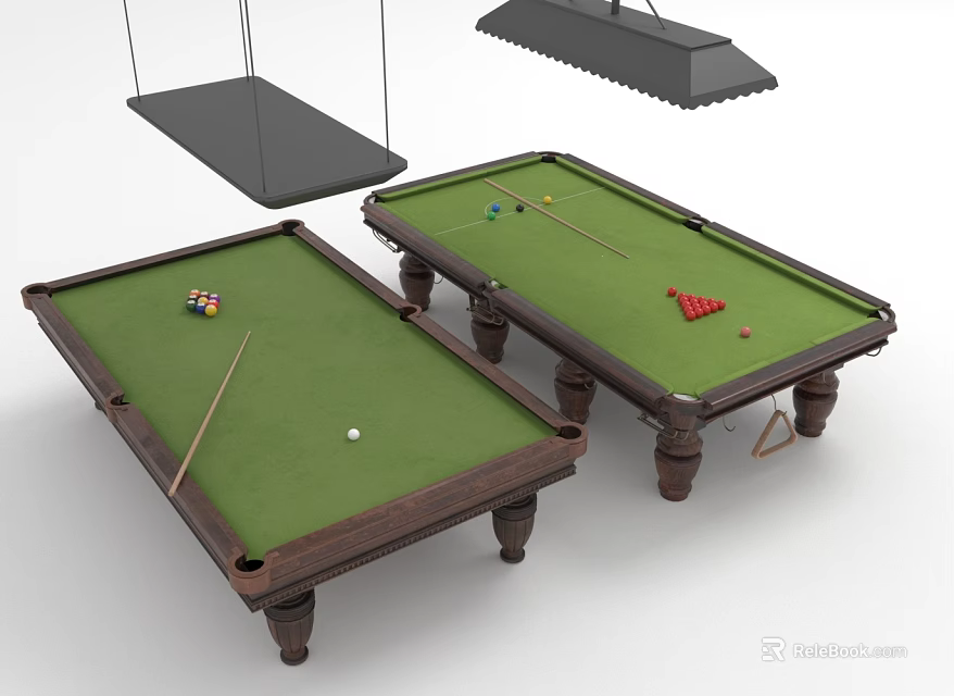 Sports Equipment Billiard Tables with Green Felt Surfaces Wooden Legs and Balls Cues Triangle Racks 3d model 