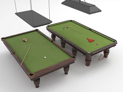 Sports Equipment Billiard Tables with Green Felt Surfaces Wooden Legs and Balls Cues Triangle Racks 3d model