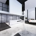 Modern Auto Showroom Interior With White Cars Large Windows And Marble Flooring