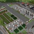 Idyllic Rural Landscape With Lush Vegetable Gardens Outdoor Dining Tables Red Umbrellas And People