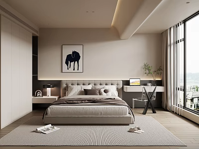 Modern Bedroom Interior Design With King Bed Desk Window Rug And Artwork 3d model