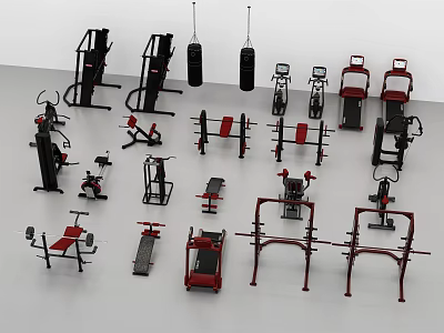 Diverse Sports Equipment For Home Gyms Featuring Barbell Racks Treadmills Dumbbell Benches In Black Red 3d model