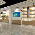 Spacious Modern Retail Store Interior With Wooden Shelves Display Cabinets White Counter And Marble Floor