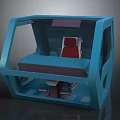 Blue Enclosed Equipment Cabin With Red Seats And Transparent Side Windows