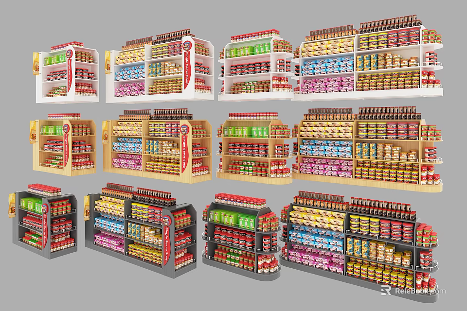 Commercial Retail Display Shelves Multi Tiered Racks Stocked With Assorted Products 3d model 