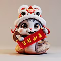 Cute Squirrel Doll Wearing Lion Dance Hat Holding Red Scroll with Auspicious Symbols