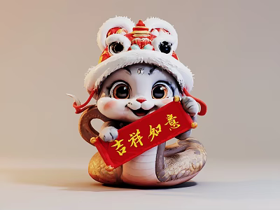 Cute Squirrel Doll Wearing Lion Dance Hat Holding Red Scroll with Auspicious Symbols 3d model
