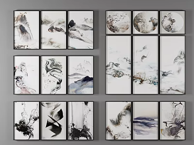 Abstract Paintings Modern Wall Art Framed Ink Style Black White Gallery Decor 3d model