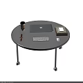 Round White Dining Table With Laptop Keyboard Mouse Coffee Cup Books And Watch Near Window