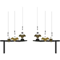 Decorative Ornament Set With Black Tables Gold Black Pieces And Hanging Bulbs
