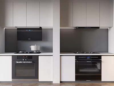 Modern Kitchen Interior With Black Range Hood Gas Stove Oven And White Cabinets 3d model