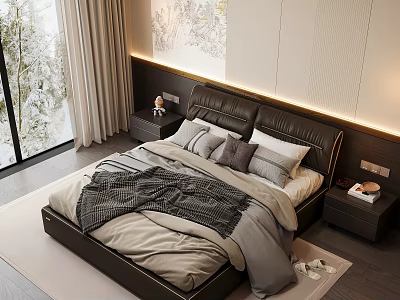 Modern Cozy Bedroom Interior with Bed Gray Beige Bedding Nightstands Snowy Window View Decorative Art 3d model