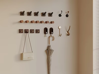 Entryway Wall With Various Style Hooks Hanging White Handbag And Umbrella 3d model