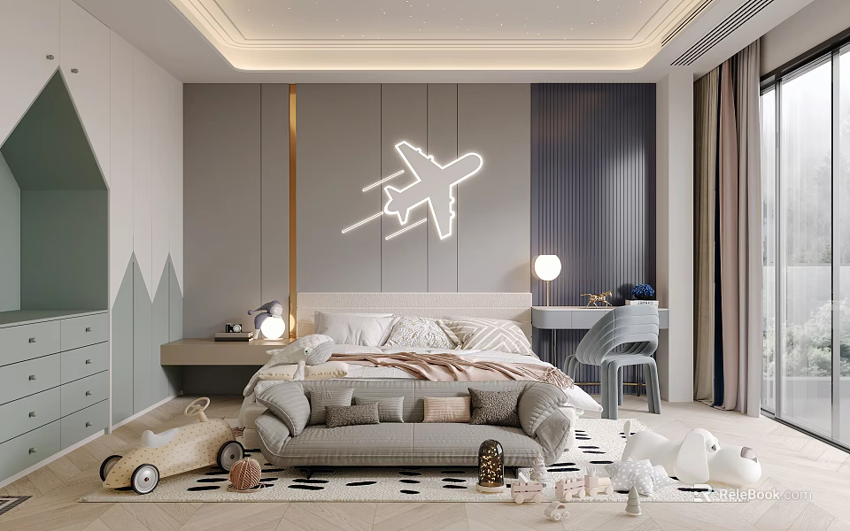 Modern Gray Kids Room Interior Design With Neon Airplane Bed Desk And Toy Car 3d model 