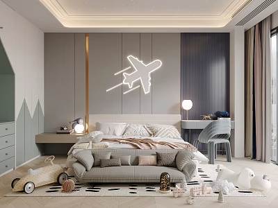 Modern Gray Kids Room Interior Design With Neon Airplane Bed Desk And Toy Car 3d model