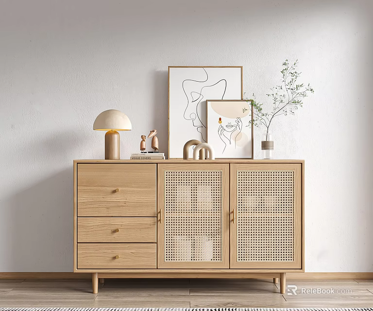 Minimalist Wooden Sideboard With Rattan Doors Storage Drawers And Decorative Lamp Plant Art 3d model 