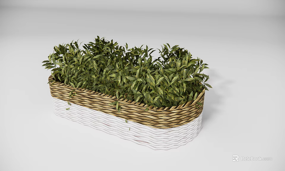 Woven Rectangular Flower Pot With Lush Green Plants For Garden Decoration 3d model