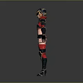 Female Game And Movie Character Standing In Red Black Armor With Helmet And Gauntlets