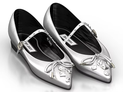Silver Pointed Toe Flat Shoes With Rhinestone Straps And Bow Decorations 3d model