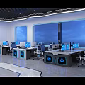 High Tech Control Room With Multiple Monitors Control Desk Blue Lighting And Office Chairs 3d model