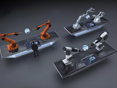 Modern Exhibition Booths Featuring Robotic Arms Interactive Displays and Person Engaging Elements 3d model