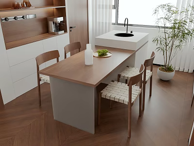 Modern Dining Table Set With Wooden Tabletop And Woven Seat Chairs Near Kitchen Cabinets 3d model