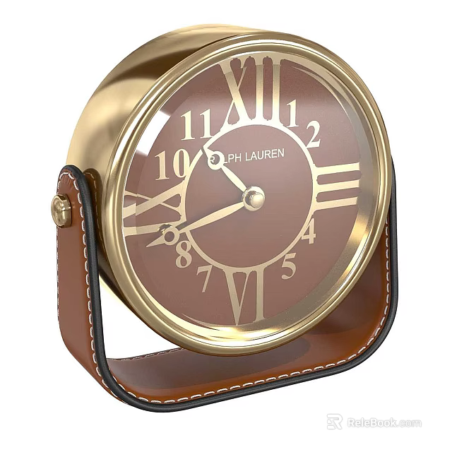 Elegant Desk Clock With Golden Frame Brown Dial Leather Strap And Numerals 3d model