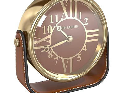 Elegant Desk Clock With Golden Frame Brown Dial Leather Strap And Numerals 3d model