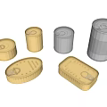 Various Metal Cans In Gold And Silver Colors With Different Shapes