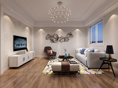 Modern Living Room Interior Design With Chandelier TV White Cabinet Grey Sofa And Wooden Floor 3d model